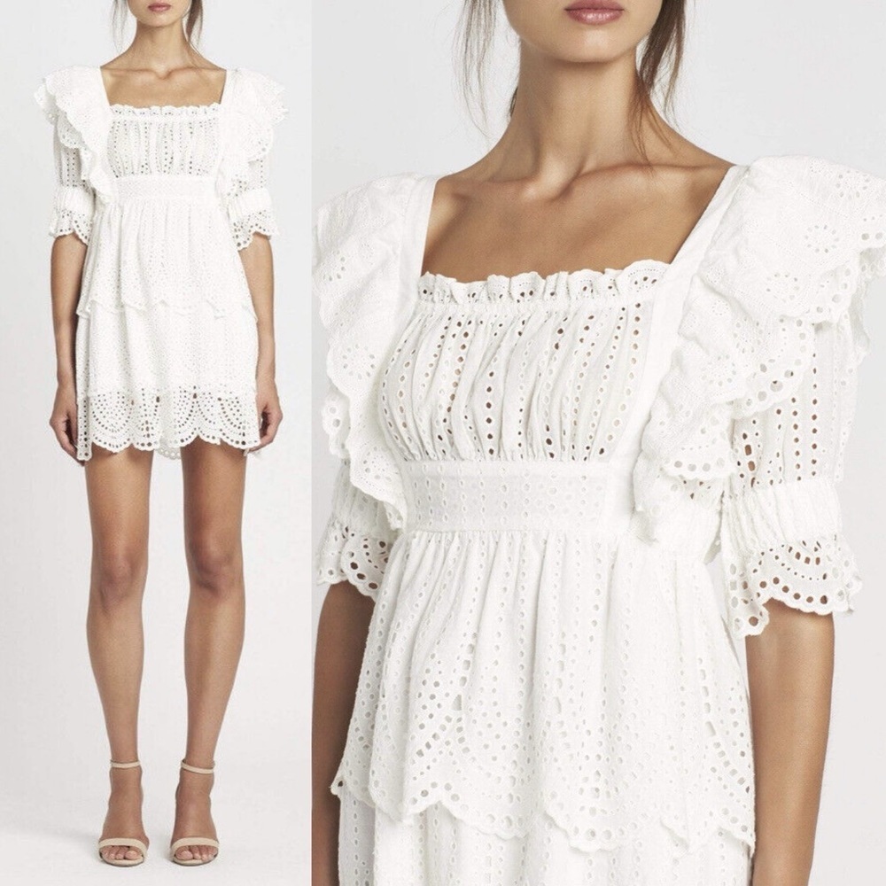 Sir The Label Leila Ruffle Mini Dress White Tiered Eyelet Size 4 Square Neck